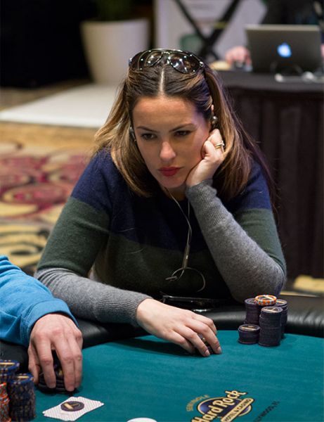 Sasha Barrese playing poker  with sunglasses on her head